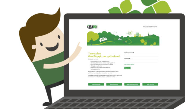 Piirroskuva, jossa OmaEtappi.comin etusivu tietokoneella.