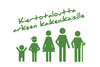 Piirroskuva eri-ikäisistä ihmisistä ja teksti kiertotaloutta arkeen kaikenikäisille.