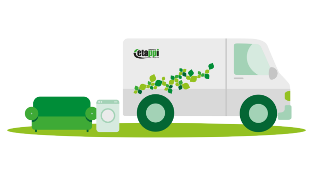 Piirroskuva isojen esineiden noudosta: pakettiauto hakee sohvaa ja pesukonetta.