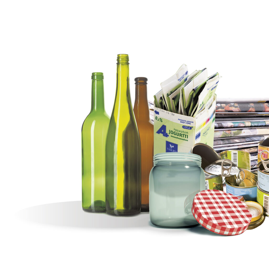 Erilaisia jätteitä: lasia, kartonkia, metallia ja paperia.