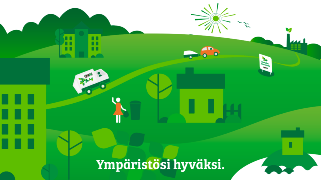 Piirrosmaisema, jossa kulkee jäteauto keskellä kylää.